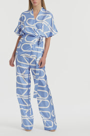 PACIFIC BLUE AND IVORY GRID SILK RELAXED WRAP TOP
