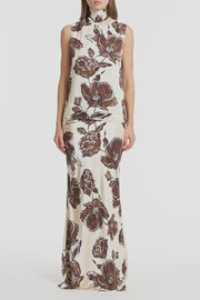 MOCHA BOUQUET SILK VISCOSE BIAS FISHTAIL SKIRT