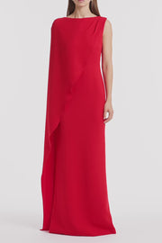 RED CREPE ASYMMETRICAL DRAPE GOWN