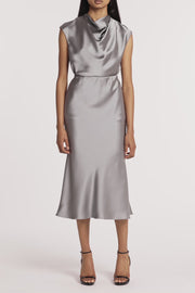 SILVER SATIN COWL NECK TOP