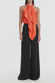 TANGERINE SILK TWILL RUFFLE HALTER TOP