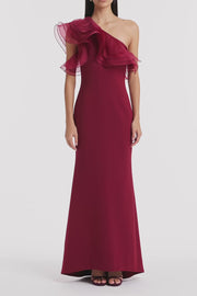 CABERNET CREPE ONE SHOULDER ORGANZA RUFFLE GOWN
