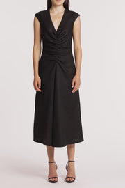 BLACK LINEN RUCHED DRESS