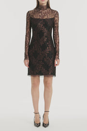 BLACK METALLIC LACE LONG SLEEVED SHORT DRESS