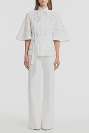 IVORY LACE BRODERIE FLUTED SLEEVE TIE TOP