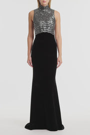 BLACK VELVET SEQUIN HALTER NECK DRESS