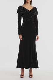 BLACK VELVET DRAPED SHOULDER TOP
