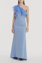 CORNFLOWER CREPE ONE SHOULDER ORGANZA RUFFLE GOWN