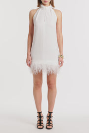 WHITE CREPE FEATHER MINI DRESS
