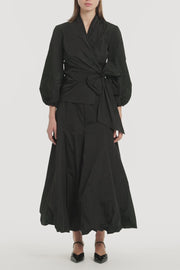 BLACK TAFFETA PUFF SLEEVE WRAP TOP