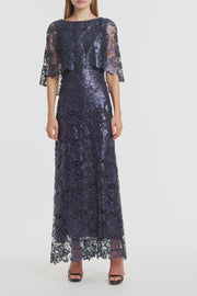 NAVY FOILED LACE CAPE GOWN