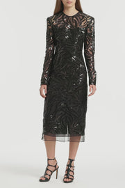 BLACK SWIRL SEQUIN LONG SLEEVE MIDI DRESS