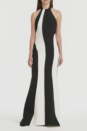 IVORY AND BLACK CREPE PANEL GOWN