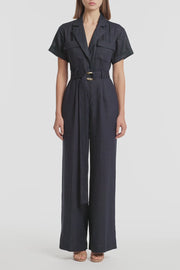 NAVY LINEN UTILITY BELTED JUMPSUIT