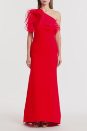 RED CREPE ONE SHOULDER ORGANZA RUFFLE GOWN