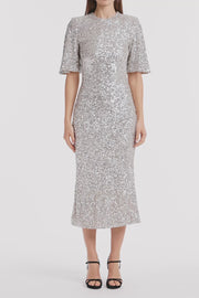 IVORY CRUSHED SEQUIN BELL SLEEVE MIDI DRESS