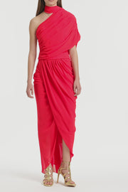 RED GEORGETTE ONE SHOULDER DRAPE TOP