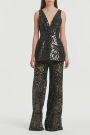 BLACK SWIRL SEQUIN PEPLUM TOP