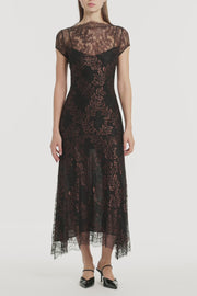 BLACK METALLIC LACE CAP SLEEVE MIDI DRESS