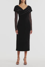 BLACK VELVET MESH DRAPED SHOULDER MIDI DRESS