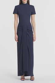 NAVY CREPE FITTED WATERFALL GOWN