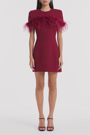 CABERNET CREPE FEATHER DETAIL MINI CAPE DRESS