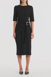 BLACK PONTE OVERLAY WRAP DRESS