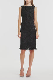 BLACK LUREX TWEED FRINGE SHEATH DRESS
