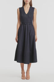 NAVY LINEN BELTED MIDI DRESS