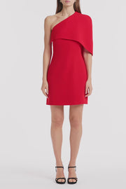 RED CREPE ONE SHOULDER CAPELET MINI DRESS