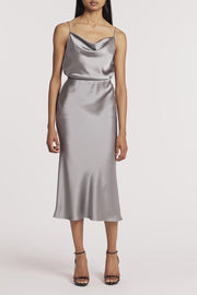 SILVER SATIN MIDI SKIRT