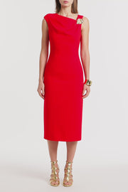 RED CREPE LEAF MIDI DRESS