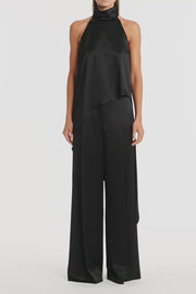 BLACK SATIN ACETATE DRAPED ASYMMETRIC TOP