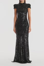 BLACK CASCADE SEQUIN RAGLAN SLEEVE GOWN