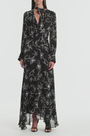 BLACK LINEAR FLORAL MIDI DRESS