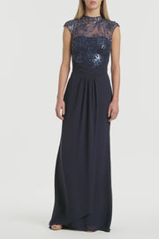 NAVY FLORAL MESH DRAPE GOWN