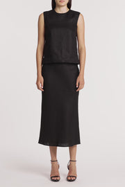 BLACK LINEN MIDI BIAS SKIRT