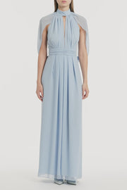 POWDER BLUE GEORGETTE HALTER CAPE GOWN