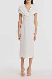 WHITE CREPE FRONT TUCK MIDI DRESS