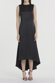 BLACK SATIN GODET DRESS