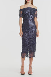 NAVY FOILED LACE OFF-SHOULDER DRESS