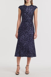 MIDNIGHT CRUSHED SEQUIN FLUTED MIDI DRESS