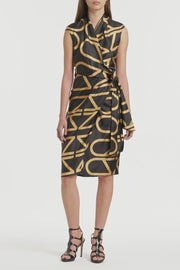 BLACK AND BRANDY GRID SILK TWILL WRAP DRESS
