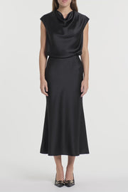 BLACK SATIN COWL NECK TOP