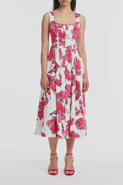 CRIMSON BOUQUET SATEEN PANELLED MIDI DRESS