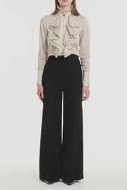 BEIGE SILK TENCEL STRIPE FRILL FRONT SHIRT