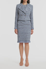 ROYAL METALLIC CHECK TWEED FRINGED SHEATH DRESS