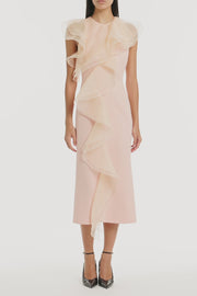 PALE ROSE CREPE RUFFLE FRONT MIDI DRESS
