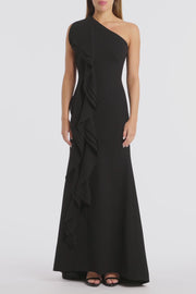 BLACK CREPE ONE SHOULDER PETAL GOWN