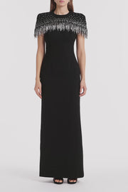 BLACK CREPE FRINGE CAPE GOWN